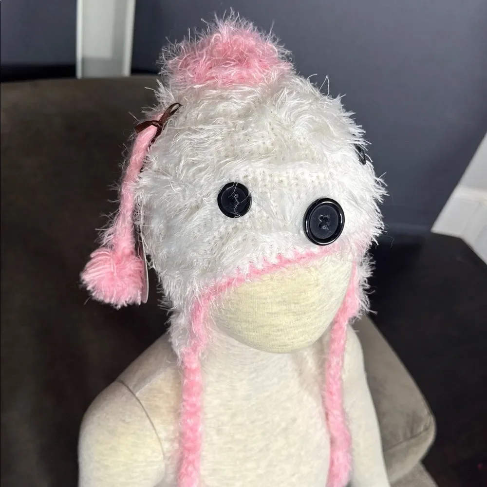 Daisy Baby Girls Infant White & Pink Feather Yarn Poodle Hat 6-12 months NEW